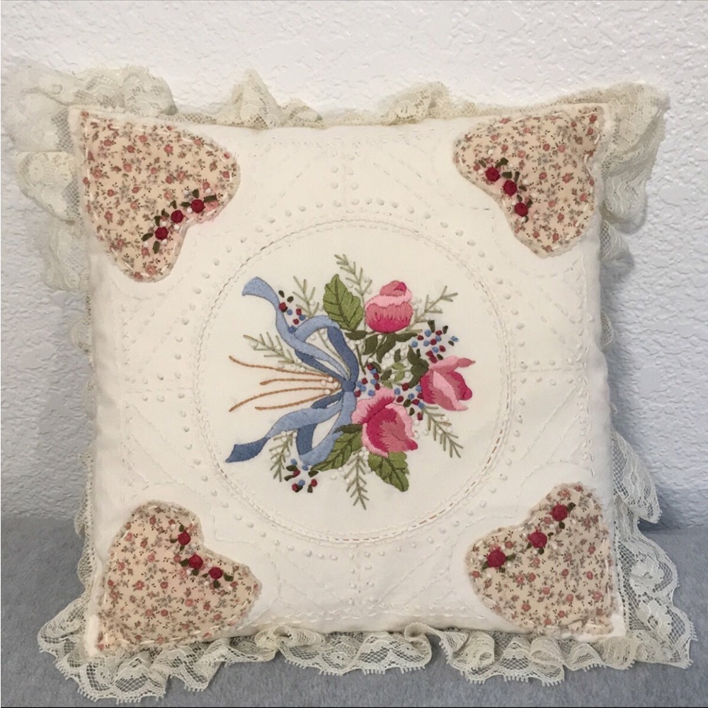 Cottagecore Floral Embroidered Throw Pillow Victorian Lace Granny Country